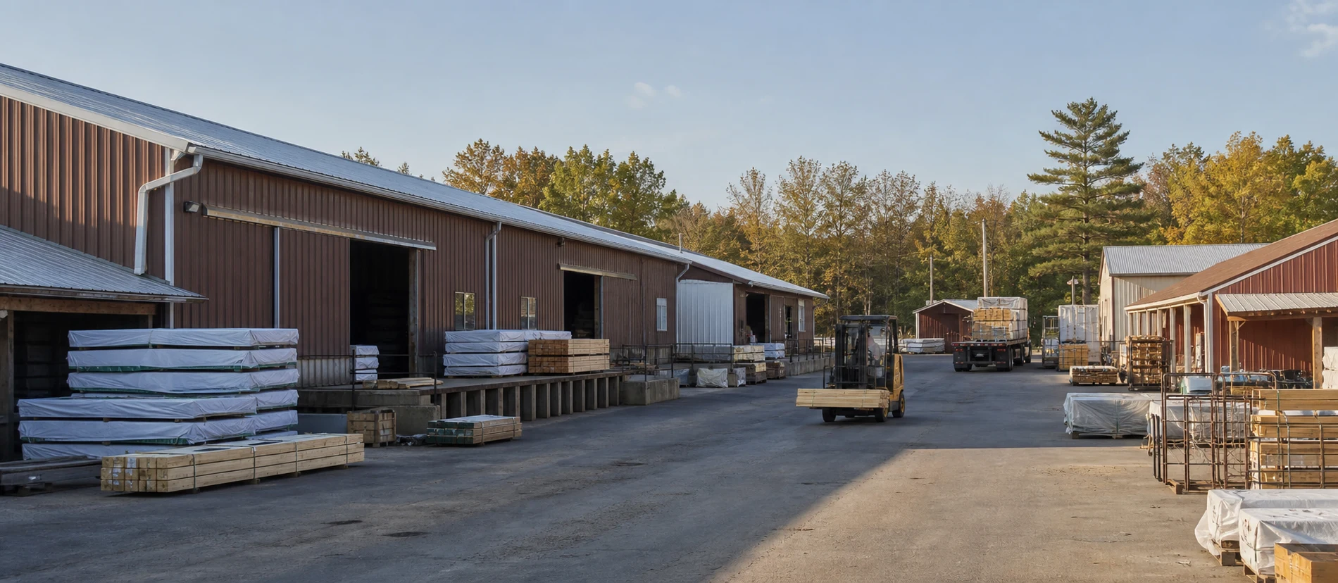 Building materials staged along warehouse loading bays in a regional distribution yard